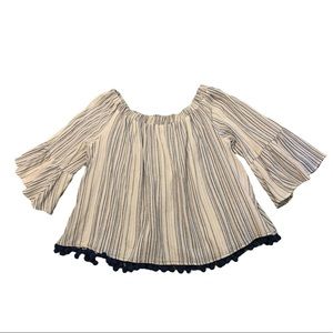 NWOT Bohemian Navy Blue and White Blouse with Ball Tassel Trim